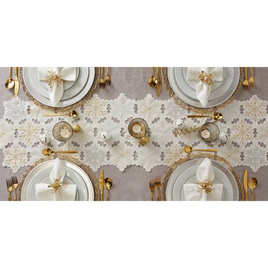 DII® 54" White and Gold Embroidered Snowflakes Table Runner